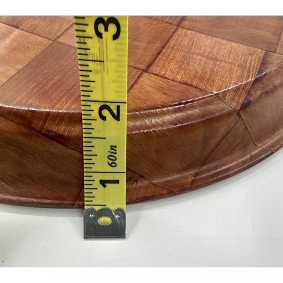 Vintage Parquet Weave Wood Round Serving Platter Large 13” Woven Mid Century MCM - Picture 6 of 11